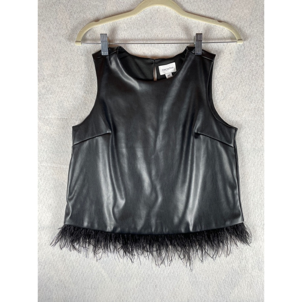 FORCYNTHIA Faux Leather Vest‎ Woman's XS 100% Feather Trim Black Sleeveless